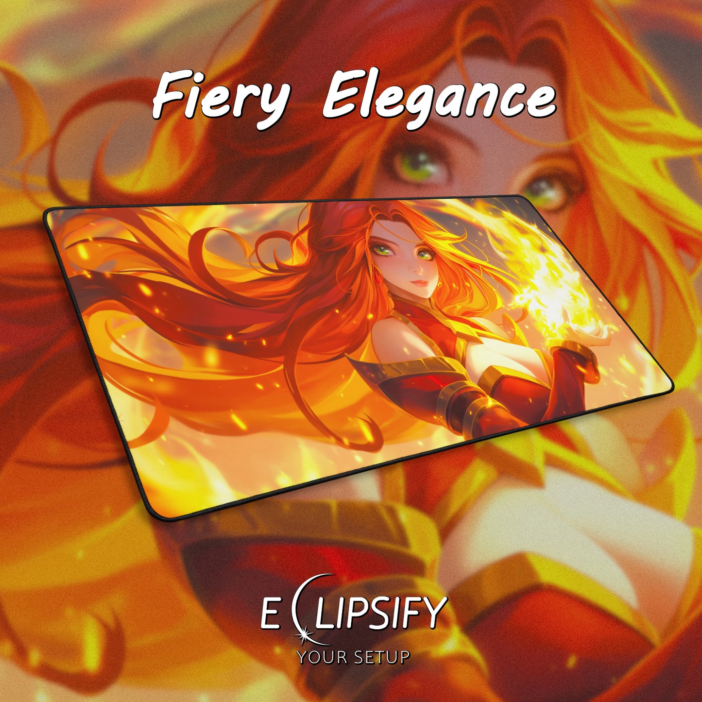 Fiery Elegance: Fire Anime Mage Girl Gaming Mouse Pad