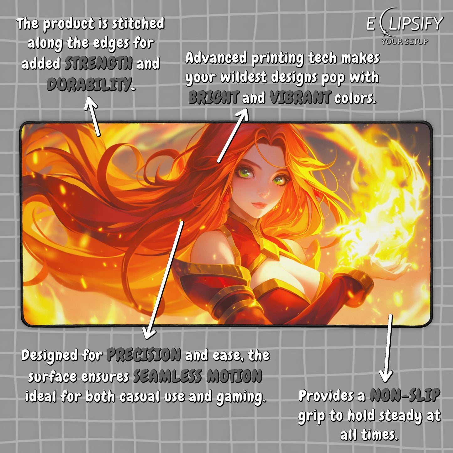 Fiery Elegance: Fire Anime Mage Girl Gaming Mouse Pad