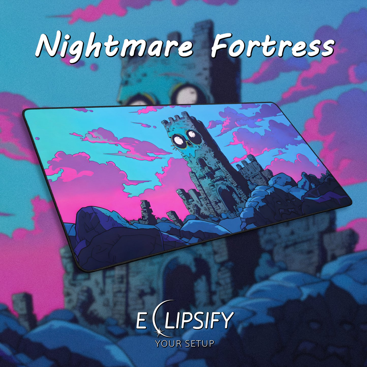 Nightmare Fortress: Blue And Pink Castle Gaming Mouse Pad