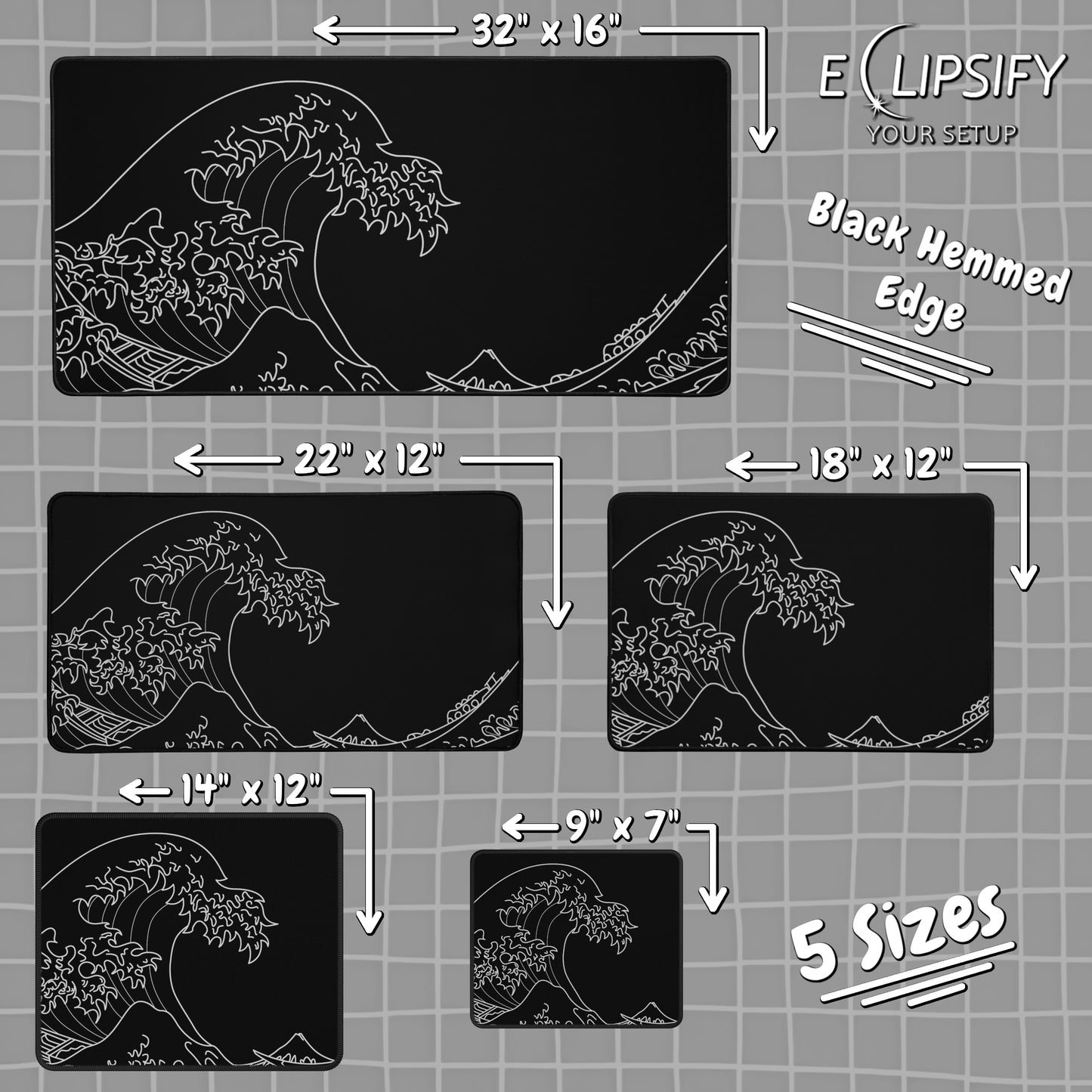 The Great Wave Off Kanagawa Black Minimalist Gaming Mouse Pad