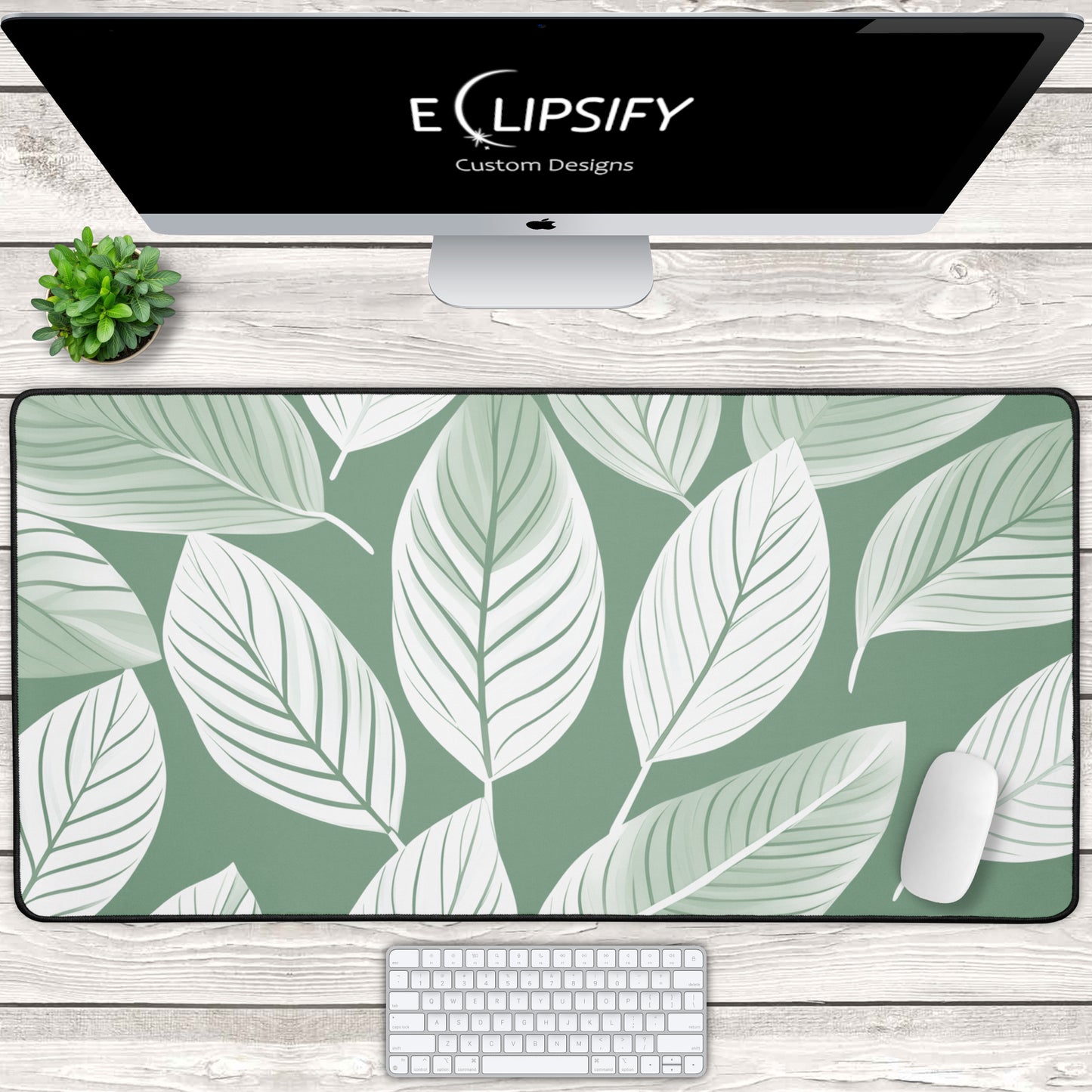 Leafy Layers: Green Leaf Minimalist Pattern Mouse Pad