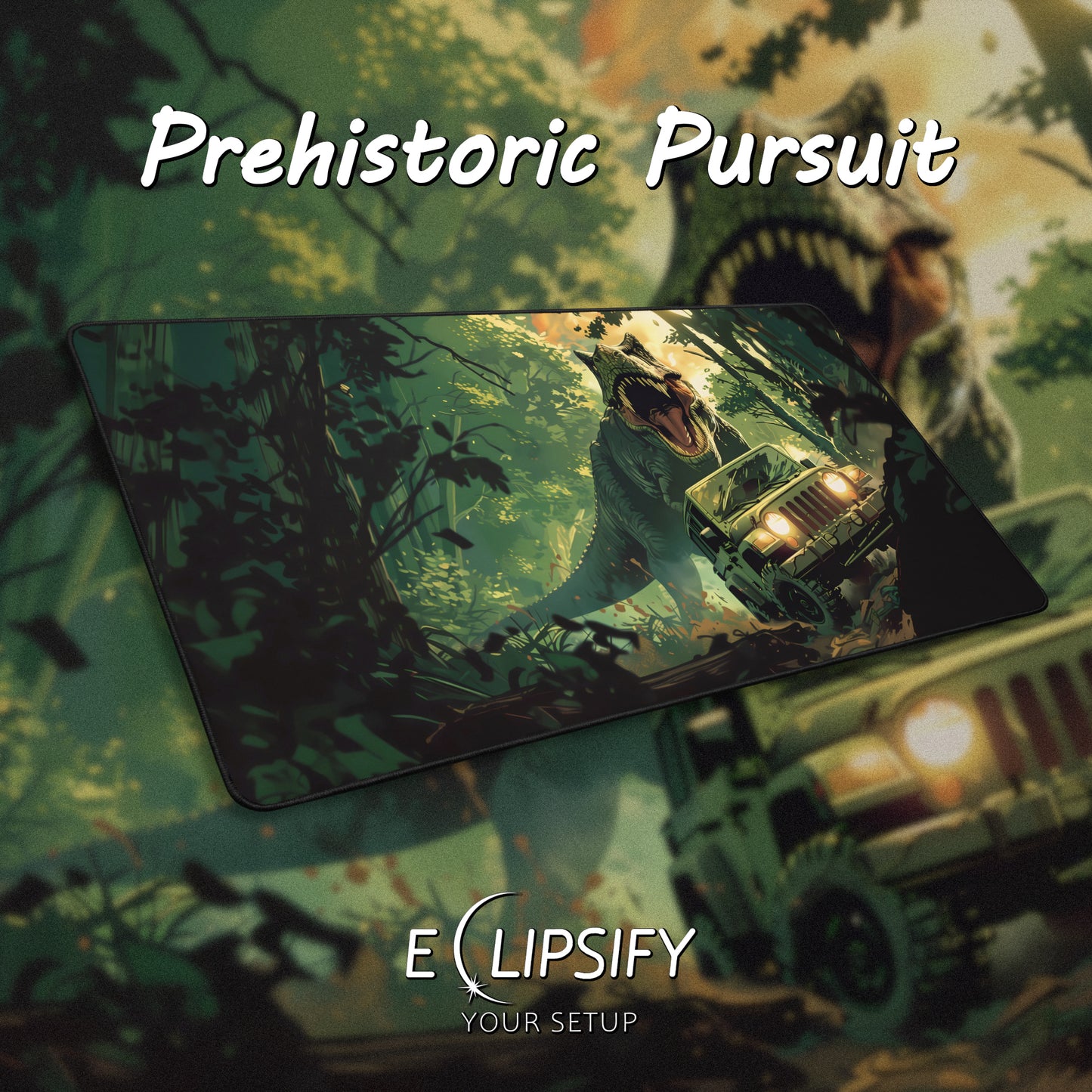 Prehistoric Pursuit: Jurassic Dinosaur Chasing Jeep Green Gaming Mouse Pad