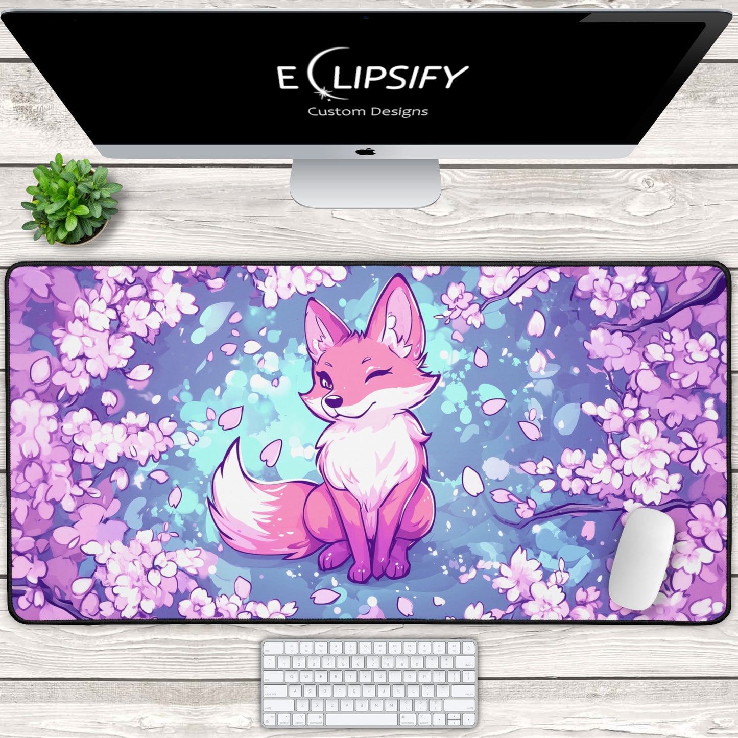 Bloom Fox: Kawaii Fox Cherry Blossom Gaming Mouse Pad