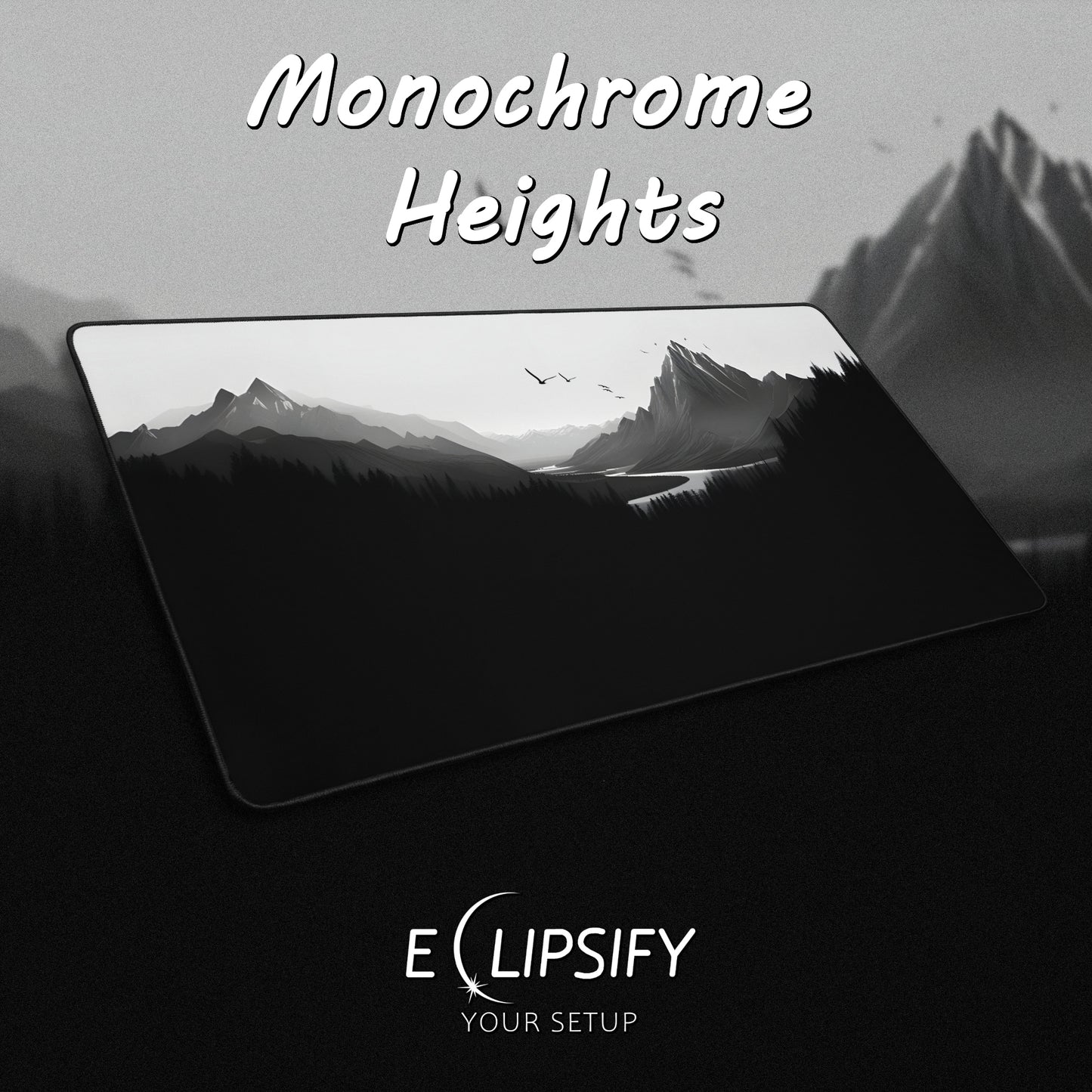 Monochrome Heights: Black Mountain Landscape Minimalist Mouse Pad