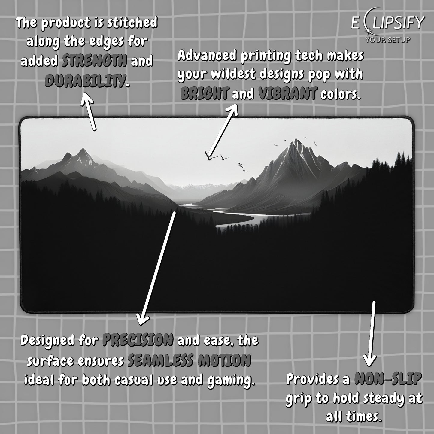 Monochrome Heights: Black Mountain Landscape Minimalist Mouse Pad