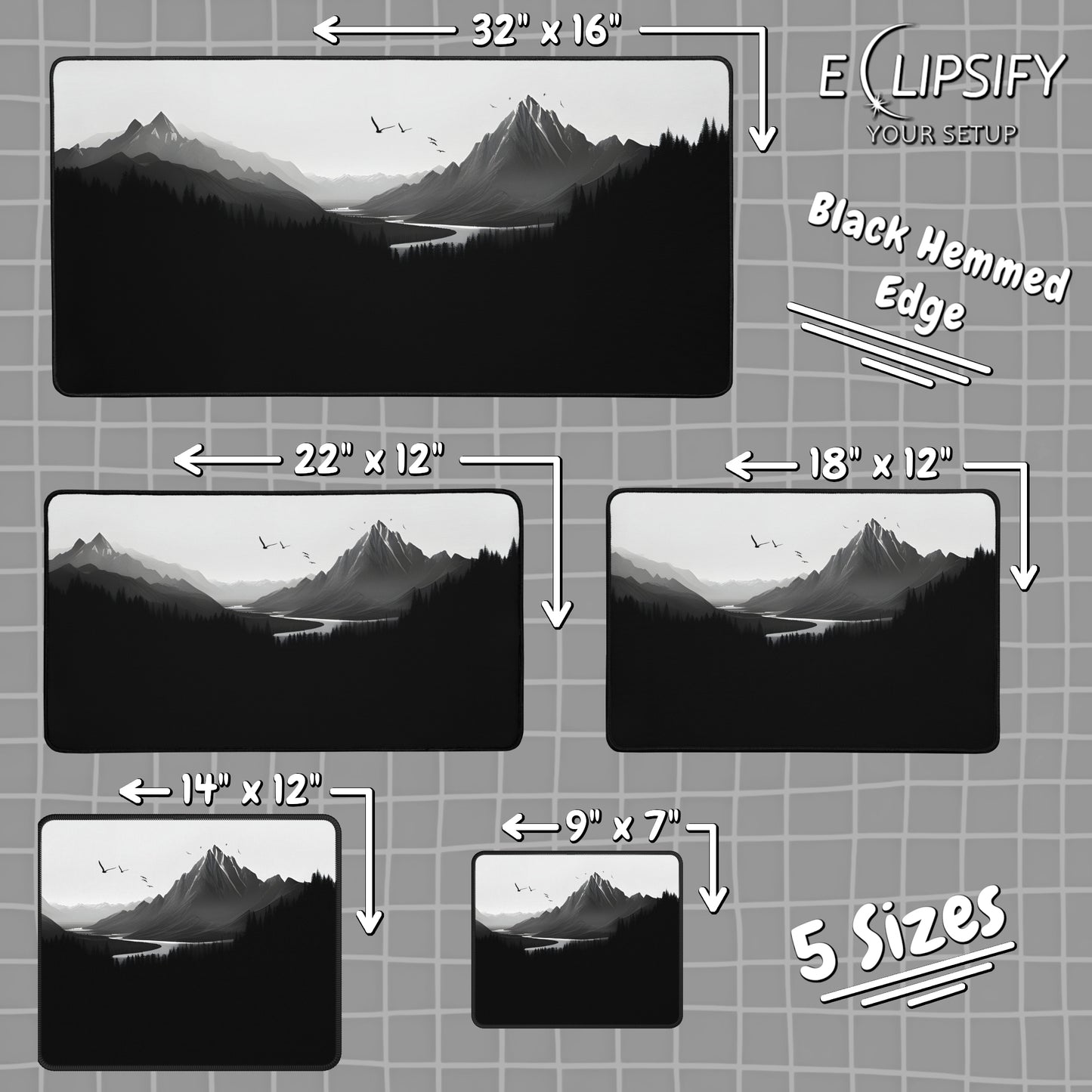 Monochrome Heights: Black Mountain Landscape Minimalist Mouse Pad