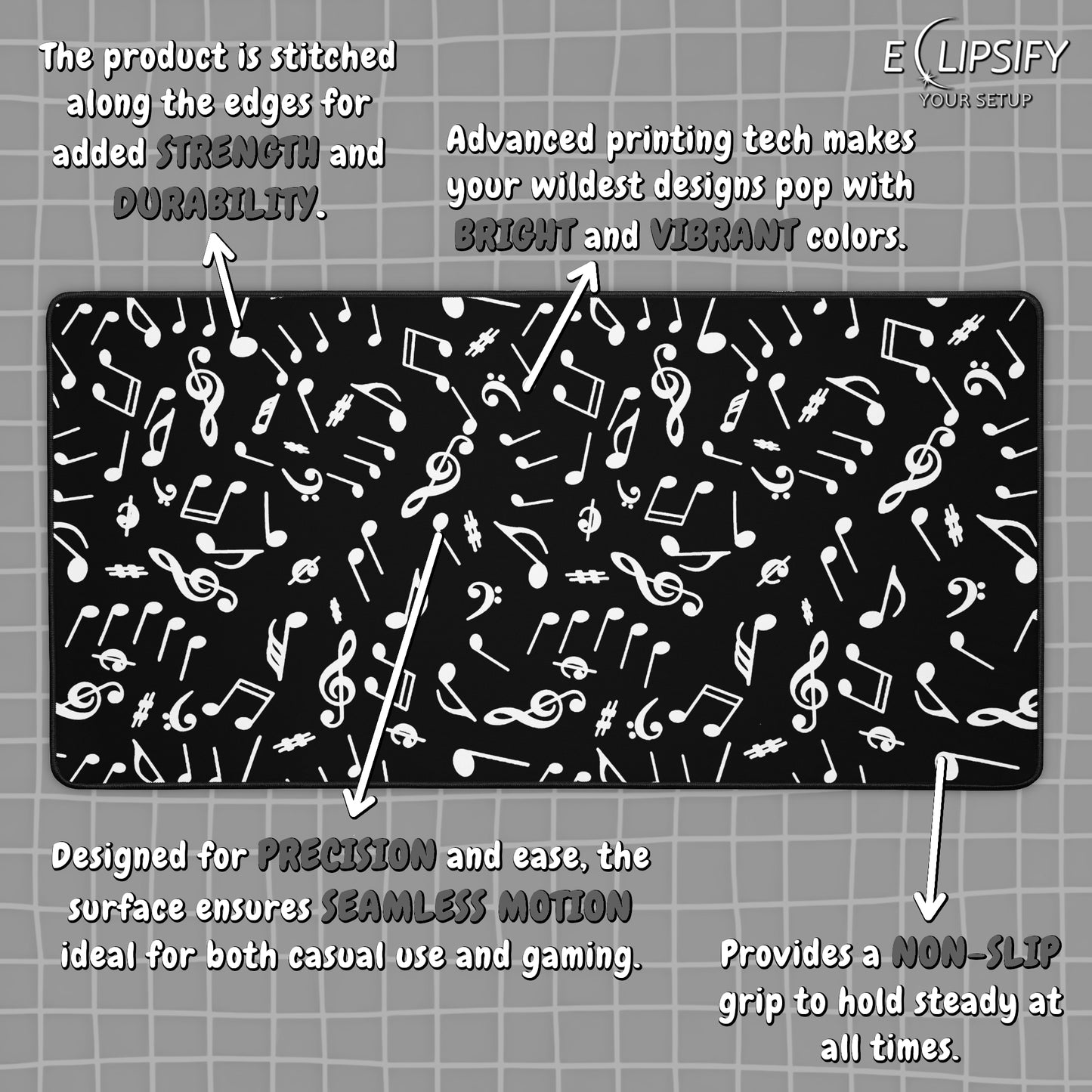 Harmony Lines: Music Notes Black Minimalist Pattern Mouse Pad