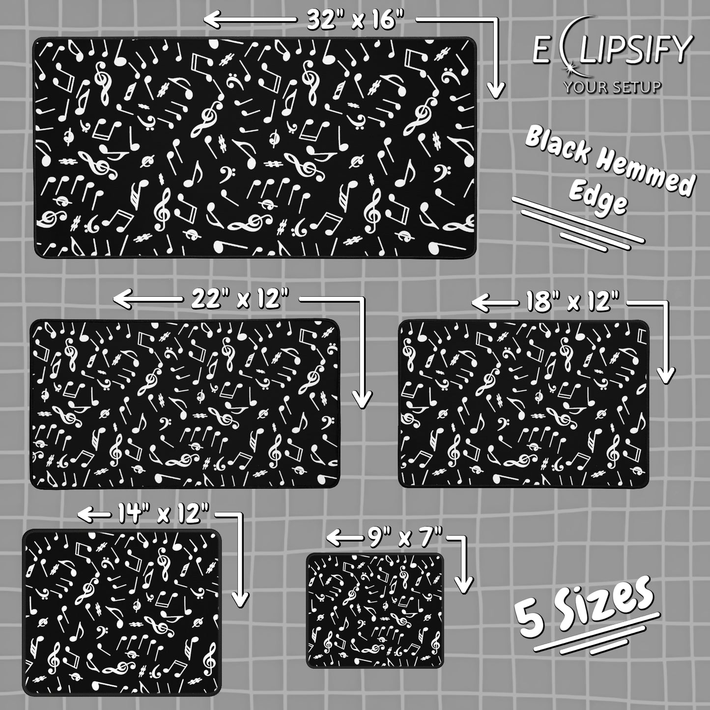 Harmony Lines: Music Notes Black Minimalist Pattern Mouse Pad