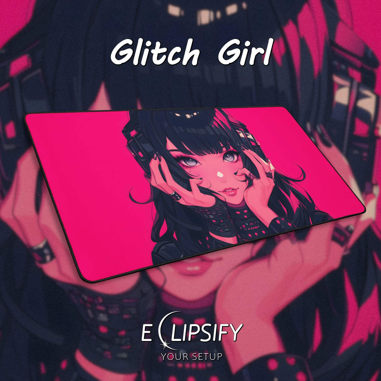 Glitch Girl: Pink Cyberpunk Anime Girl Gaming Mouse Pad