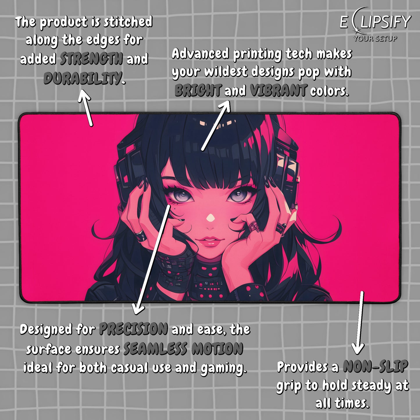 Glitch Girl: Pink Cyberpunk Anime Girl Gaming Mouse Pad