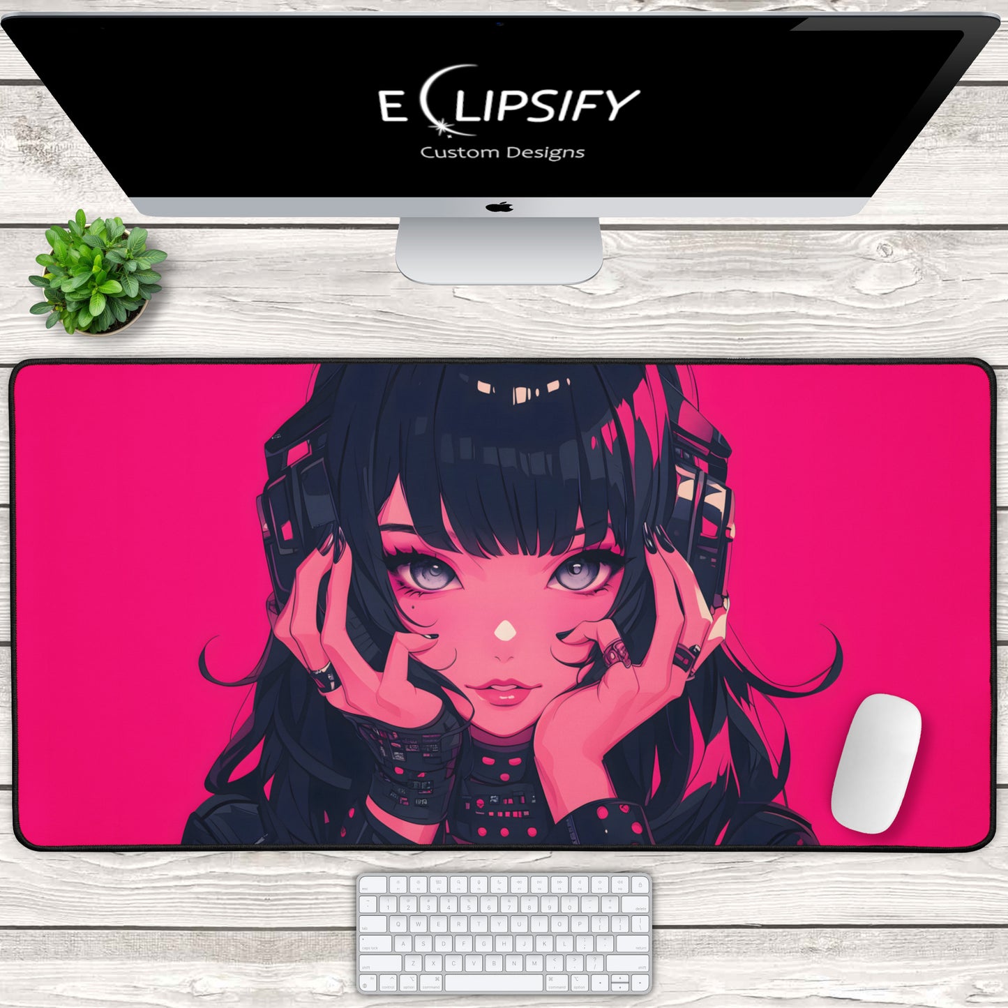 Glitch Girl: Pink Cyberpunk Anime Girl Gaming Mouse Pad