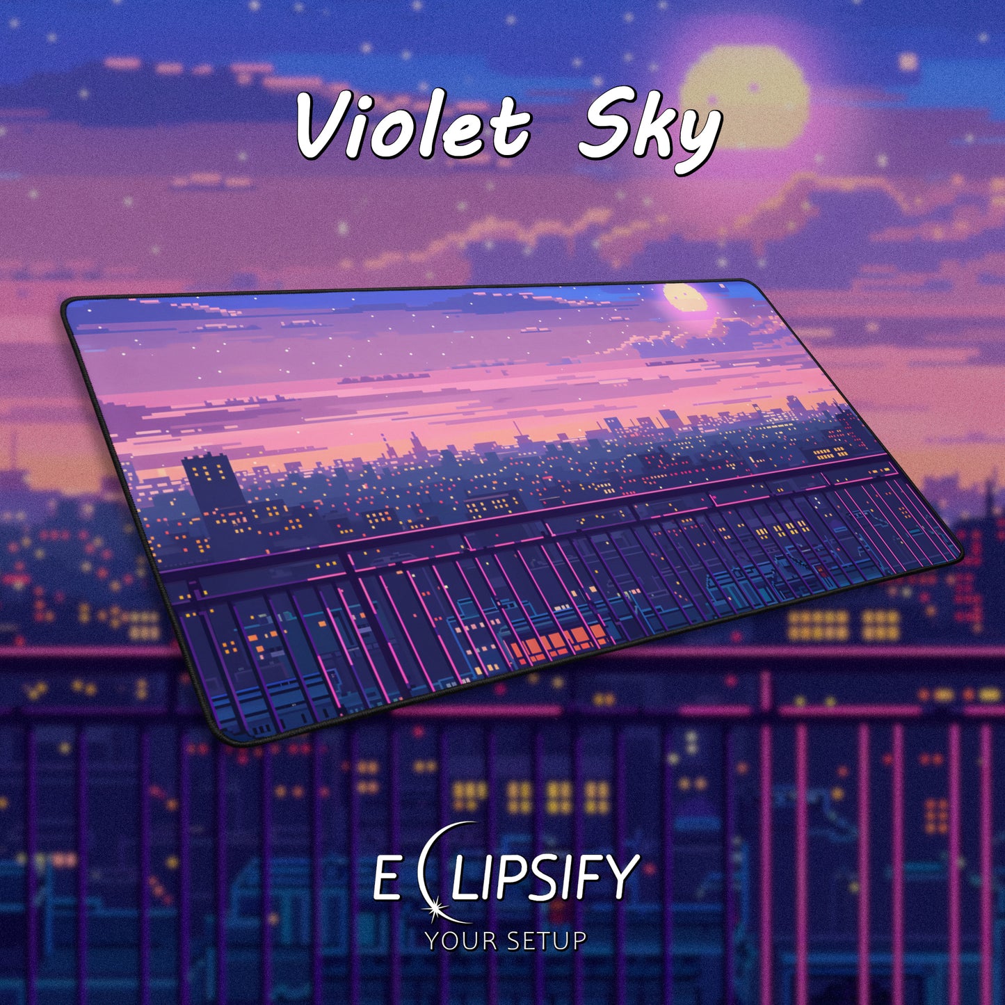 Violet Skies: Pixel Art City Gaming Mouse Pad
