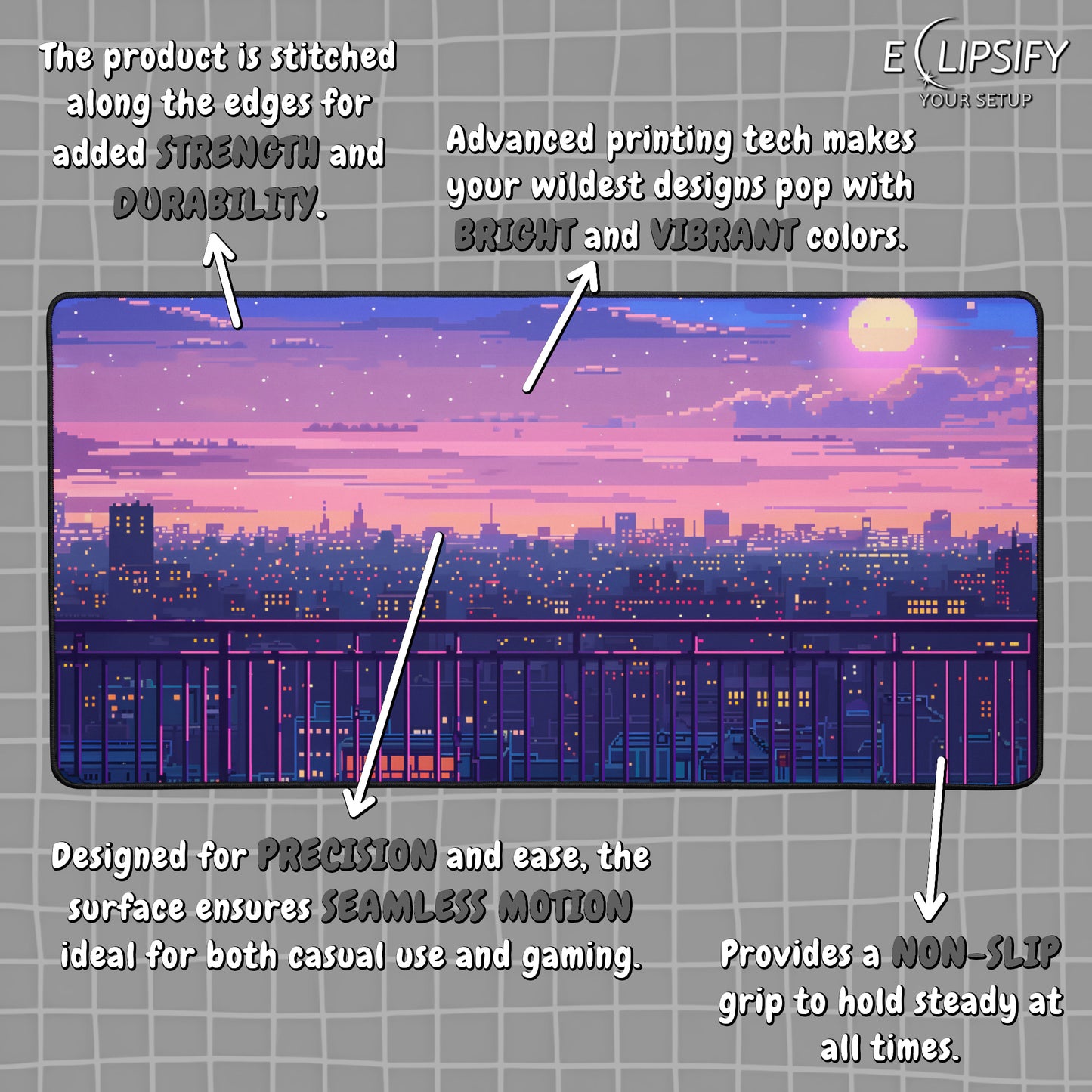 Violet Skies: Pixel Art City Gaming Mouse Pad