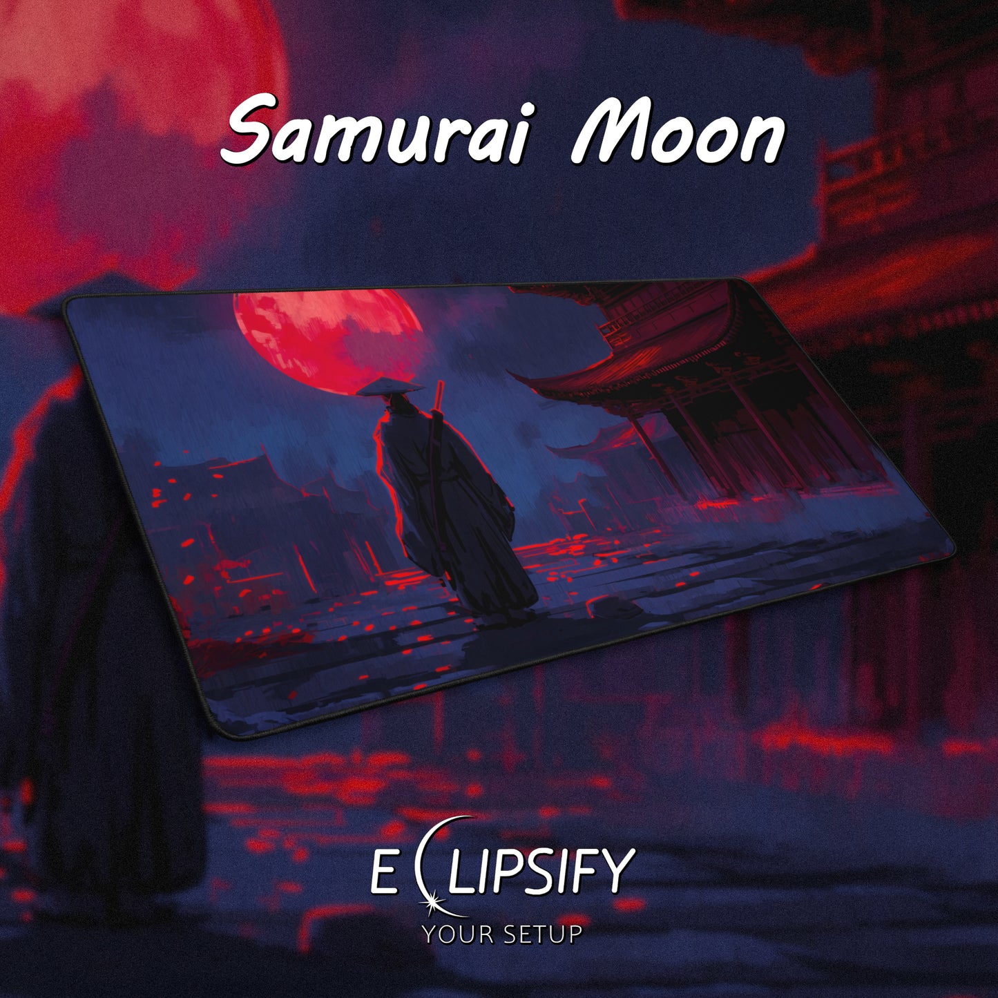 Samurai Moon: Blue Samurai And Red Moon Gaming Mouse Pad
