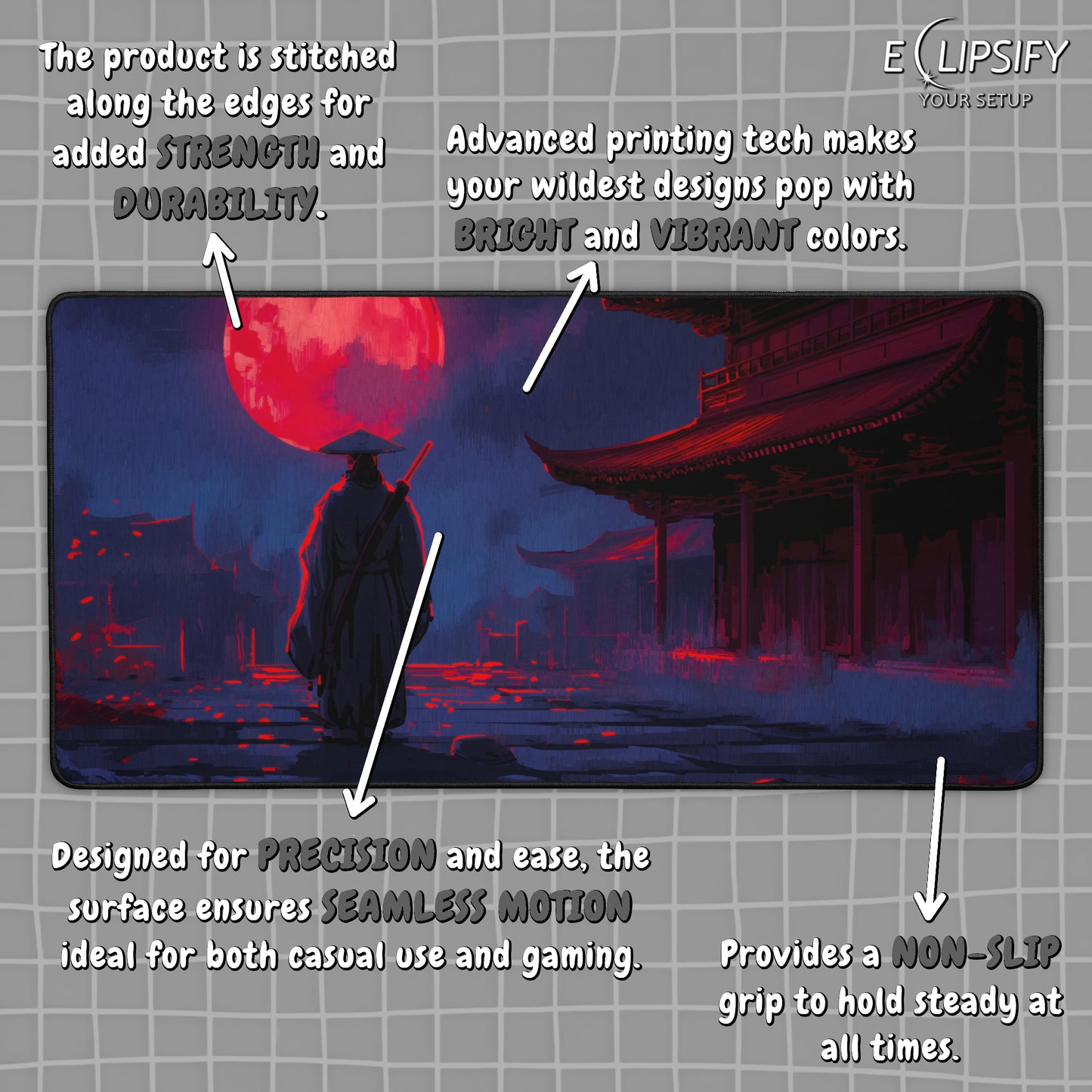 Samurai Moon: Blue Samurai And Red Moon Gaming Mouse Pad