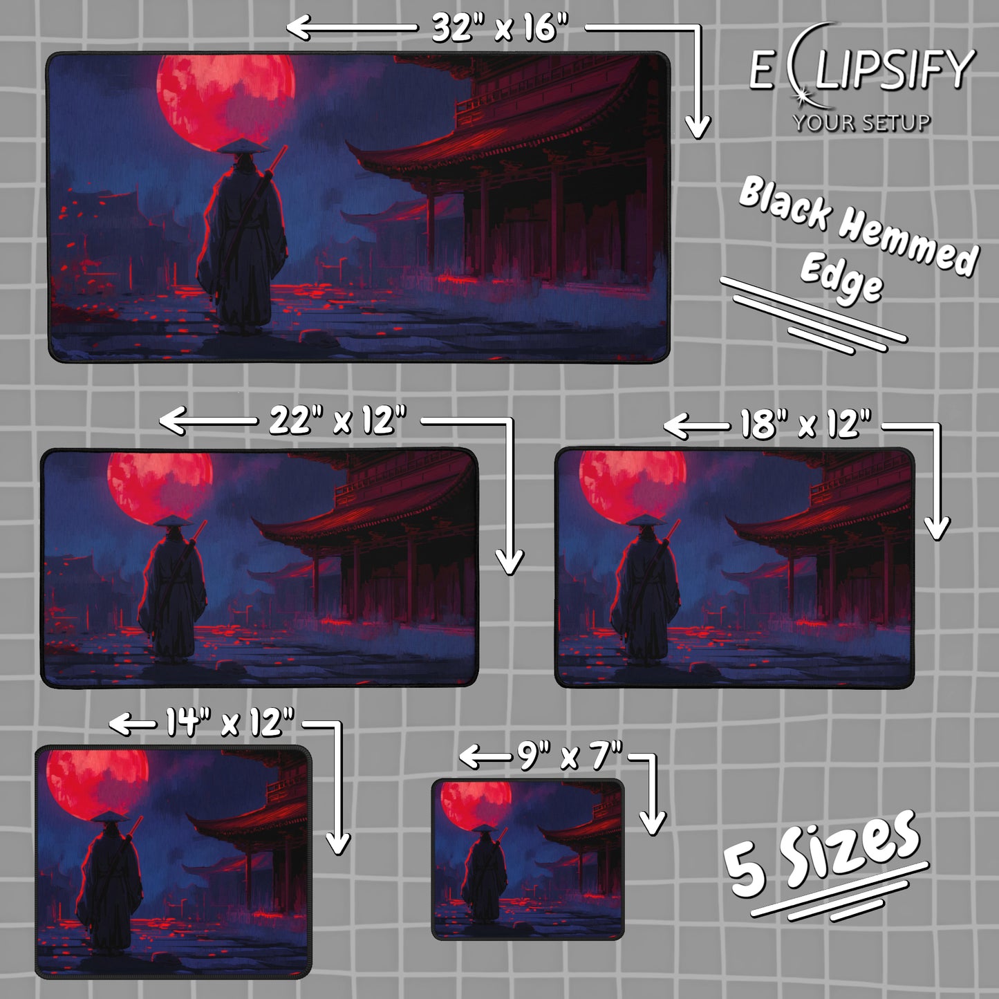 Samurai Moon: Blue Samurai And Red Moon Gaming Mouse Pad