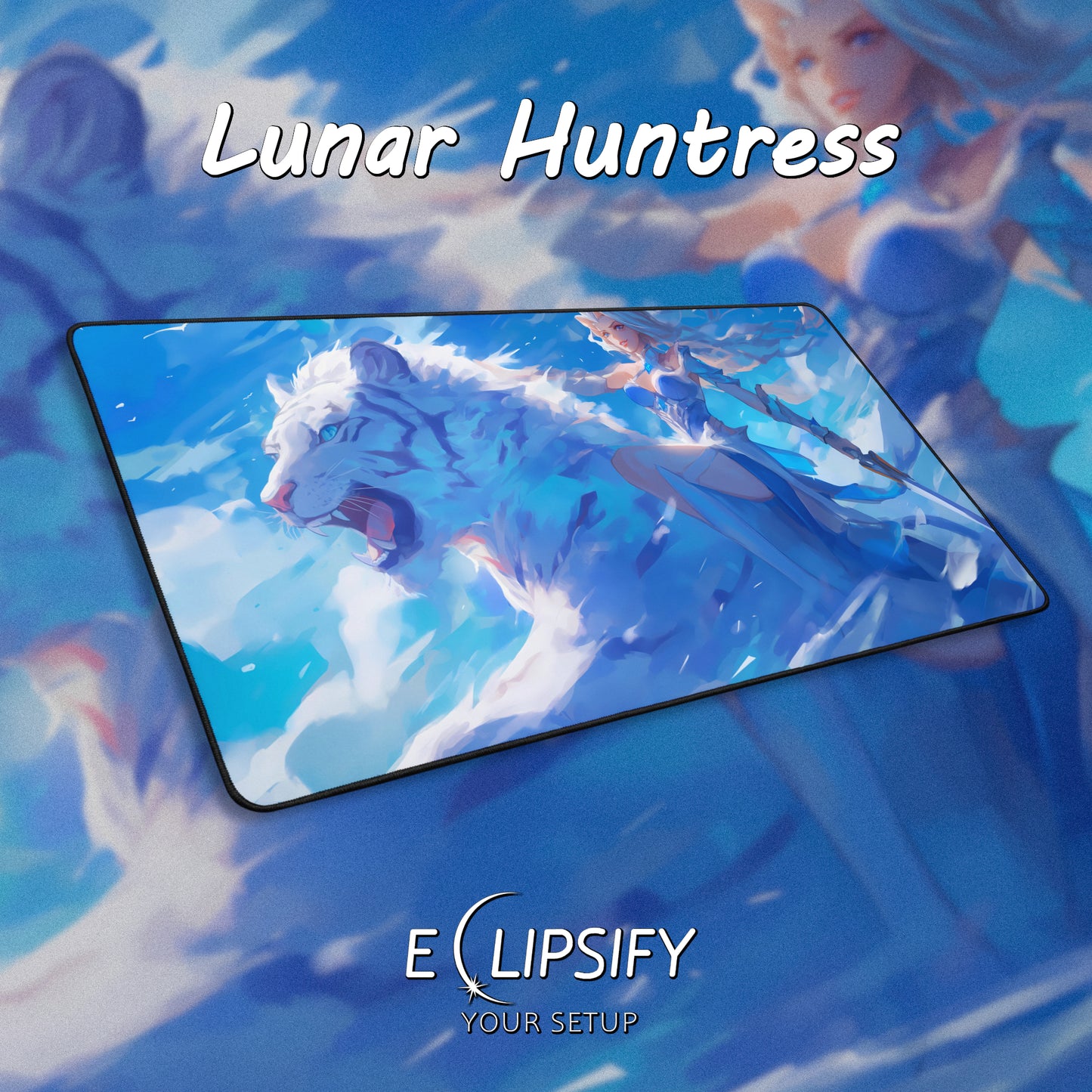 Lunar Huntress: White Tiger Anime Girl Blue Gaming Mouse Pad