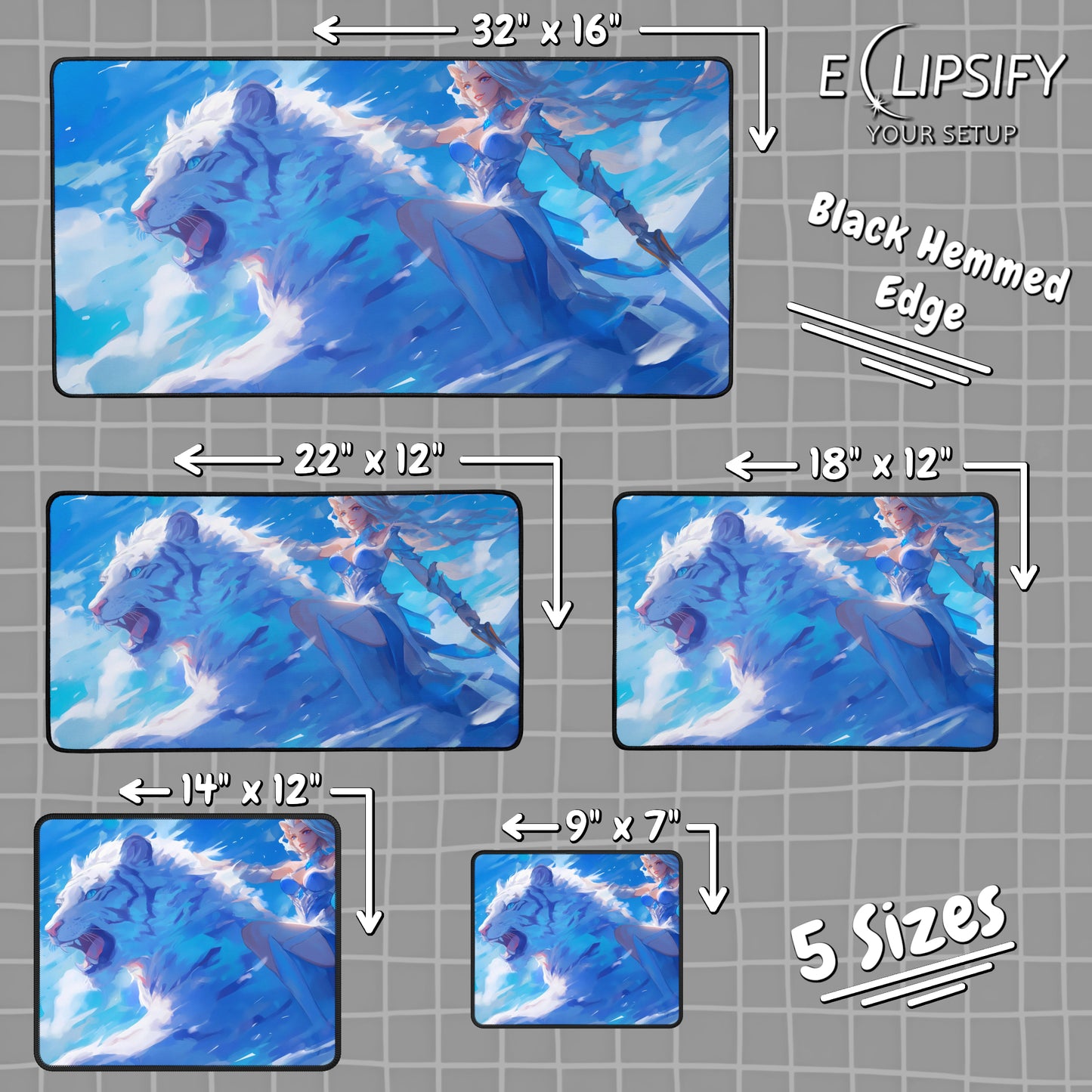 Lunar Huntress: White Tiger Anime Girl Blue Gaming Mouse Pad