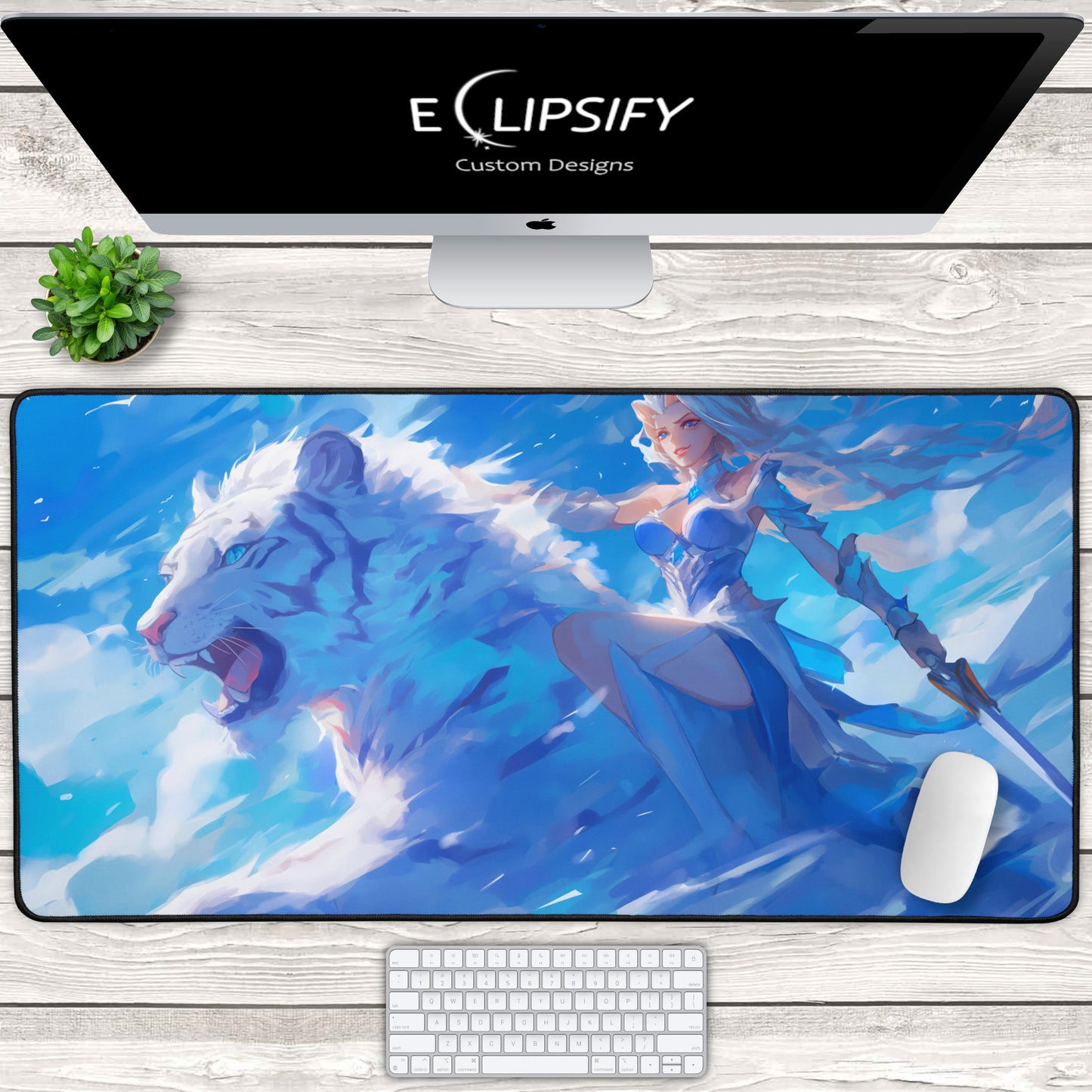 Lunar Huntress: White Tiger Anime Girl Blue Gaming Mouse Pad