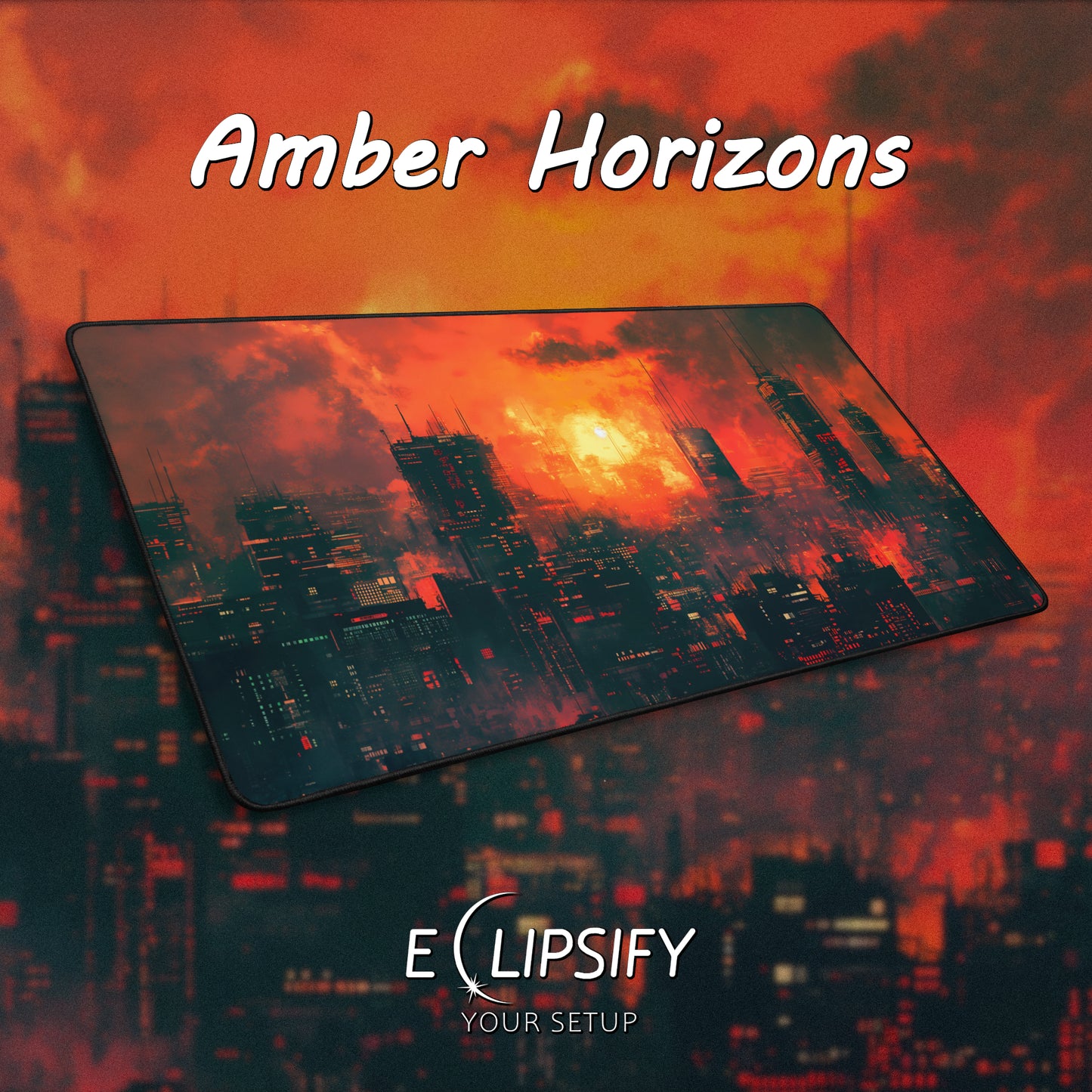 Amber Horizons: Orange Cyberpunk City Minimalist Mouse Pad