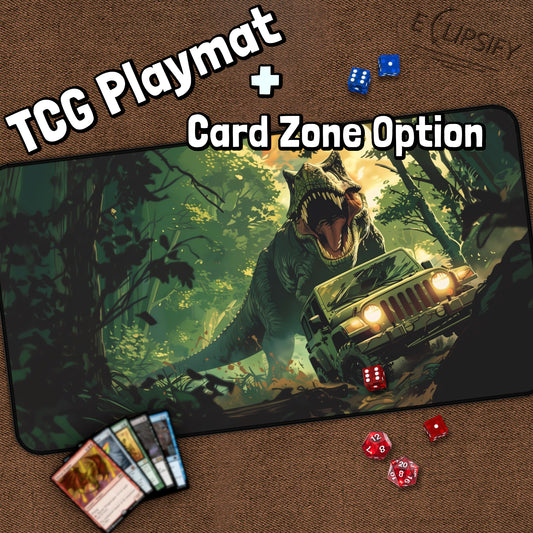 Prehistoric Chase: Dinosaur Chasing Jeep TCG Playmat