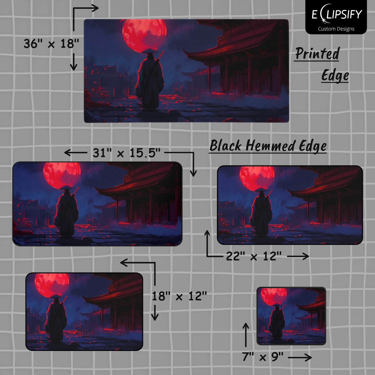 Samurai Moon: Blue Samurai And Red Moon Gaming Mouse Pad