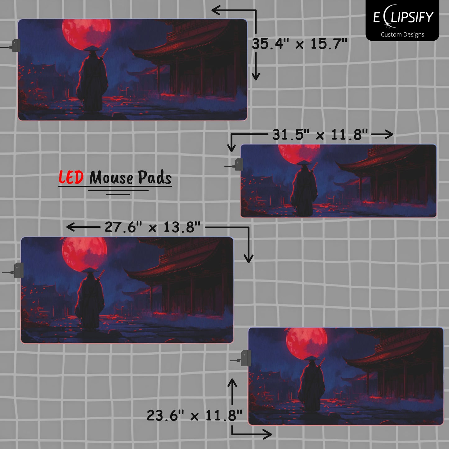 Samurai Moon: Blue Samurai And Red Moon Gaming Mouse Pad