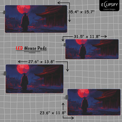 Samurai Moon: Blue Samurai And Red Moon Gaming Mouse Pad