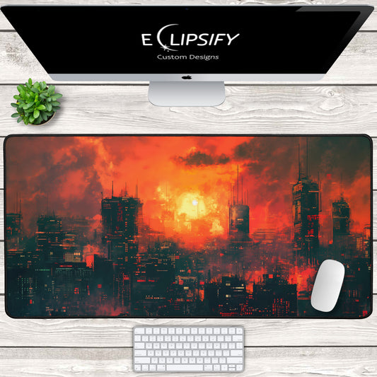Amber Horizons: Orange Cyberpunk City Minimalist Mouse Pad