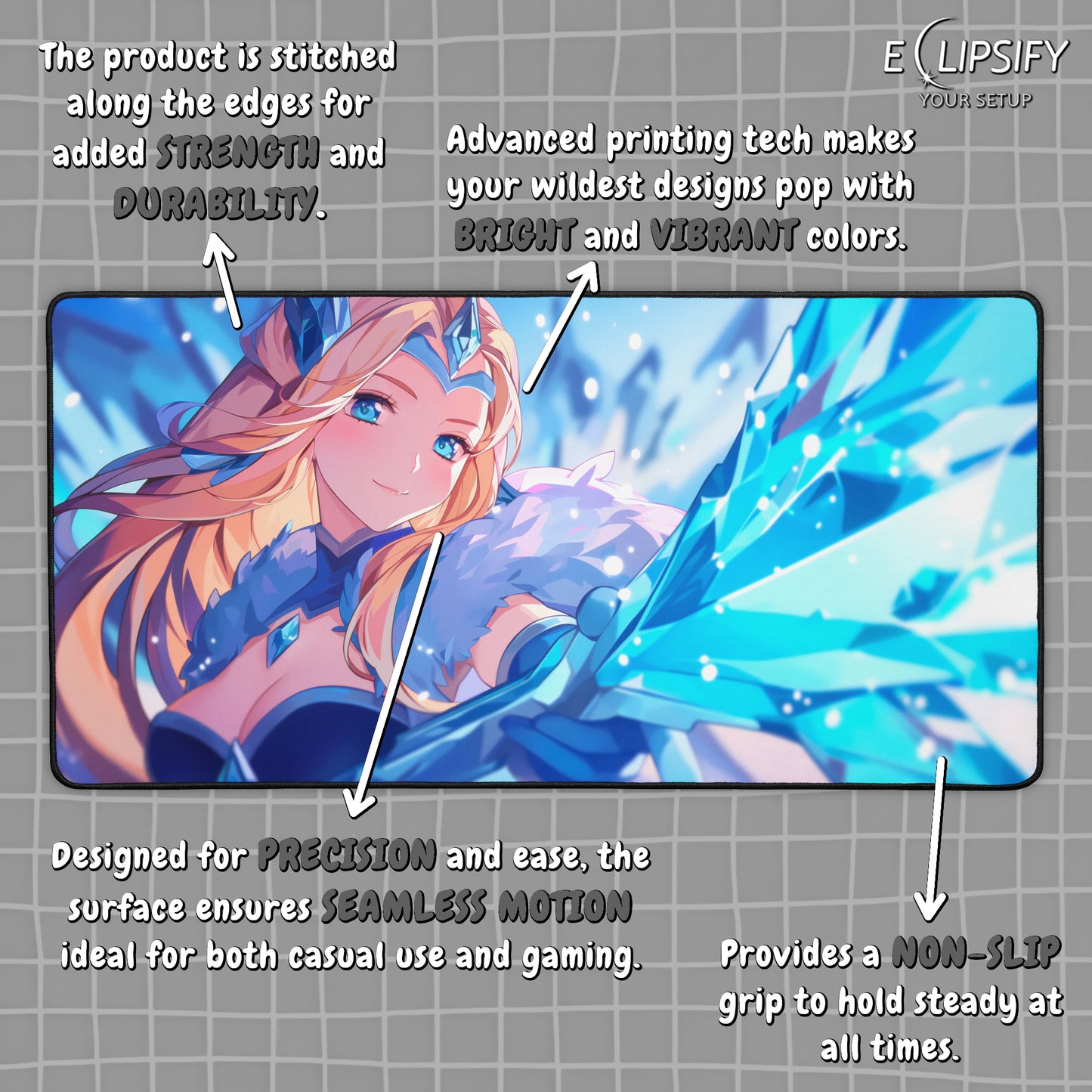 Frostfall Elegance: Crystal Anime Girl Gaming Mouse Pad