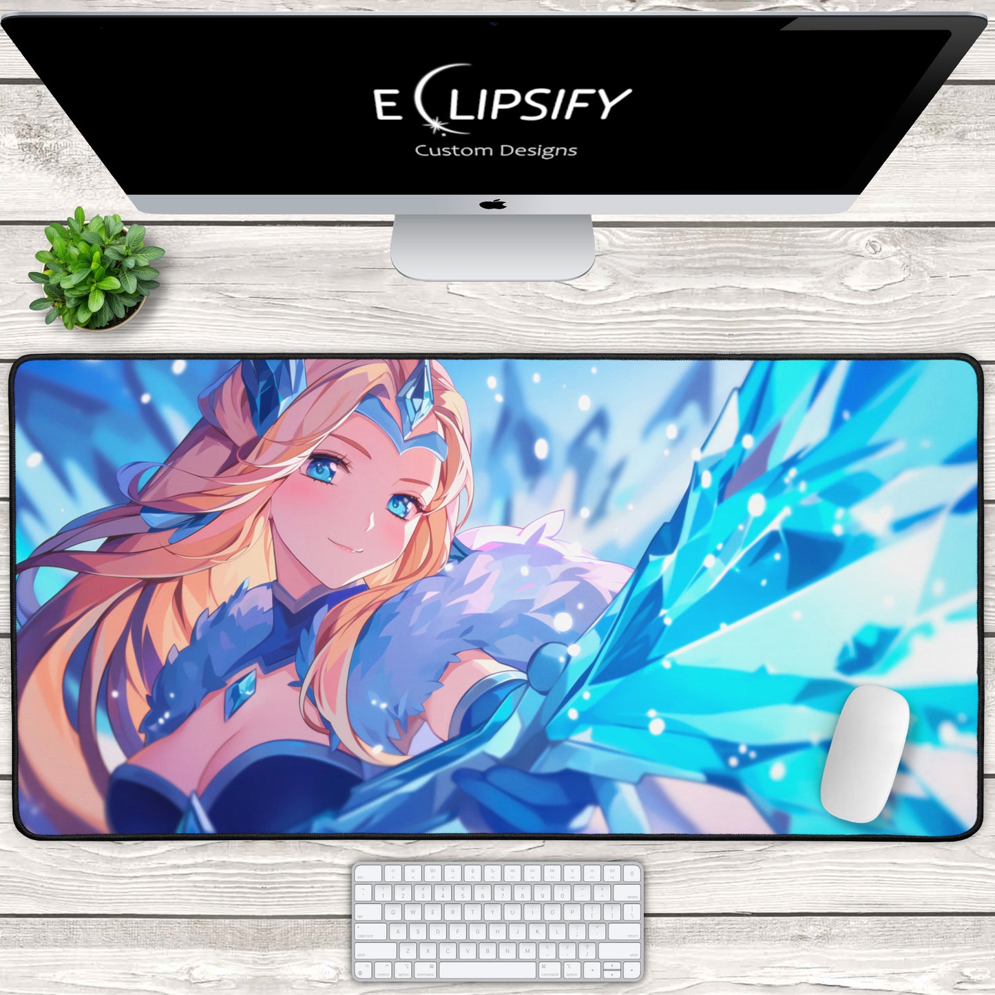Frostfall Elegance: Crystal Anime Girl Gaming Mouse Pad