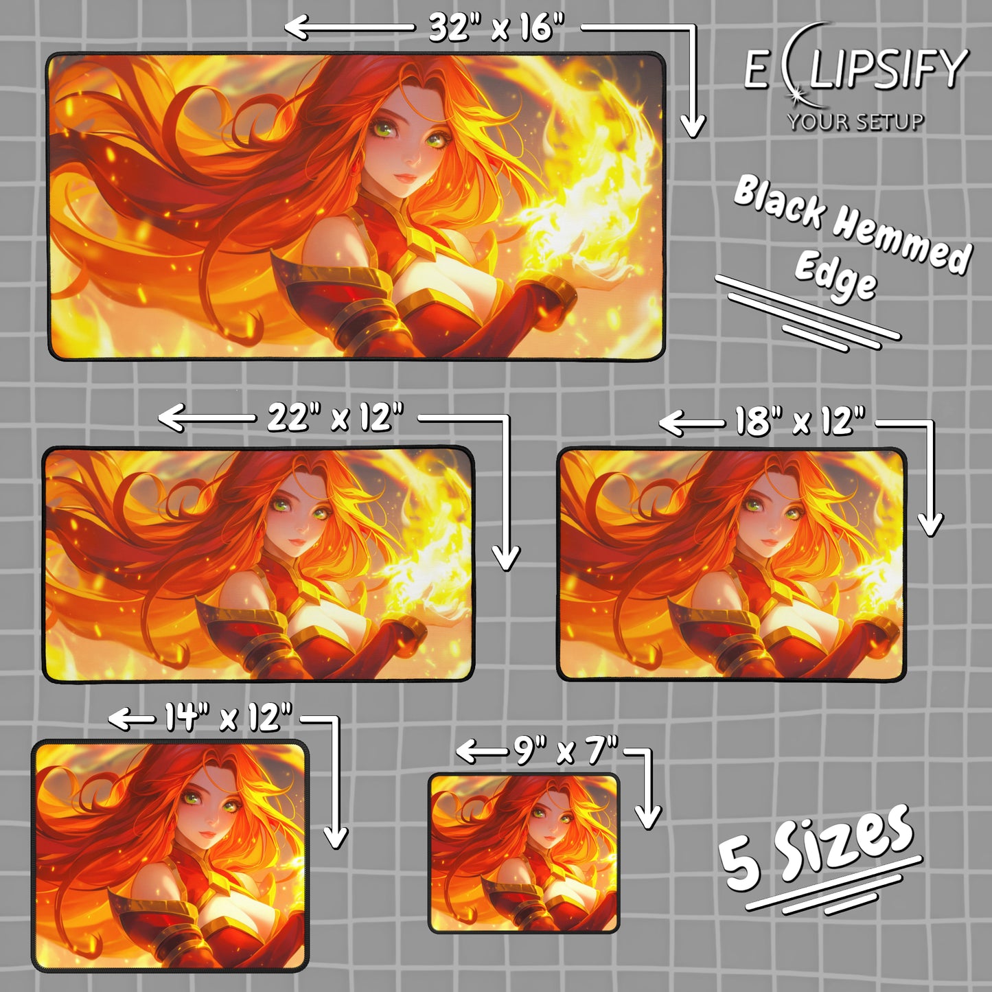 Fiery Elegance: Fire Anime Mage Girl Gaming Mouse Pad