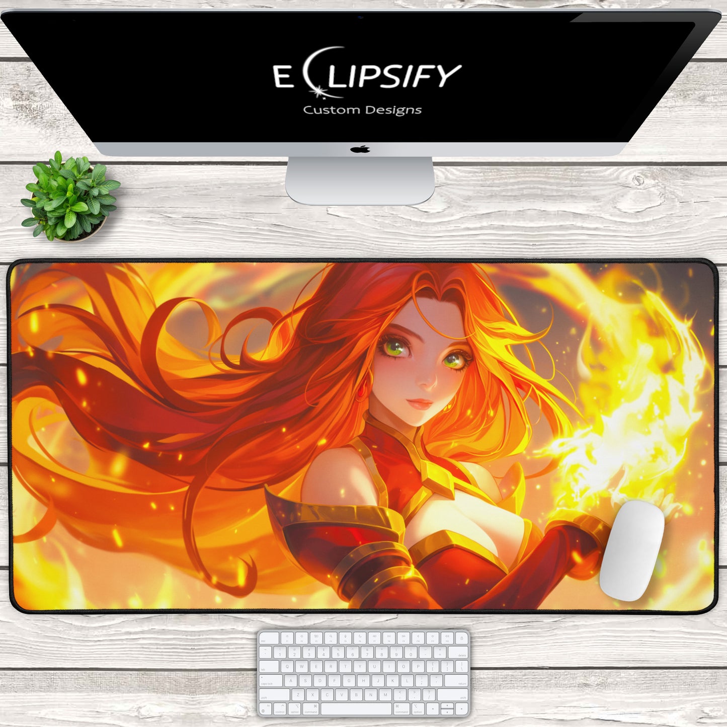 Fiery Elegance: Fire Anime Mage Girl Gaming Mouse Pad