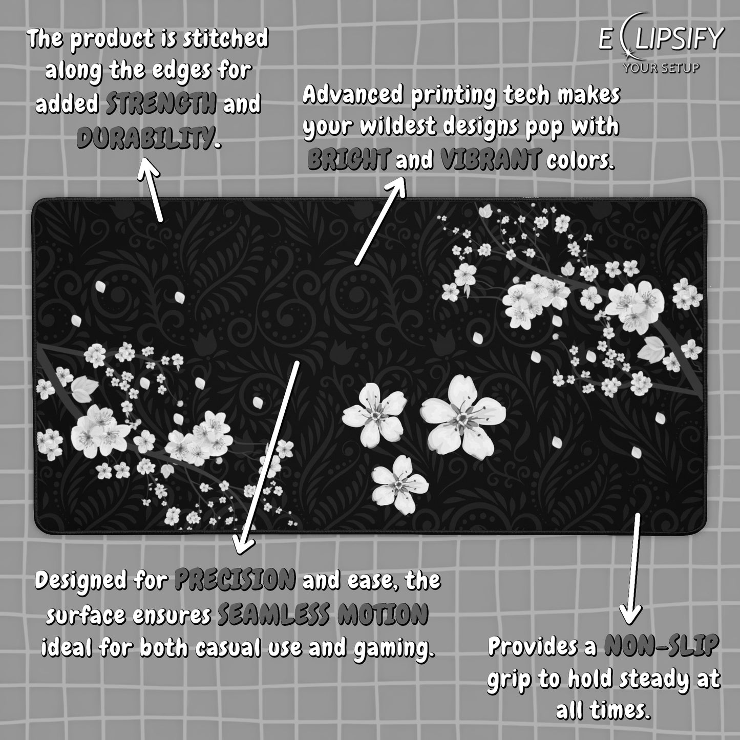 Dark Blossom: Cherry Blossom Black Pattern Gaming Mouse Pad