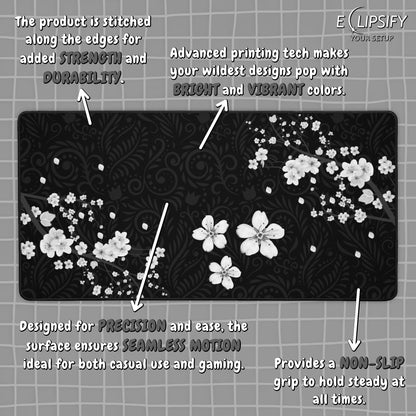Dark Blossom: Cherry Blossom Black Pattern Gaming Mouse Pad