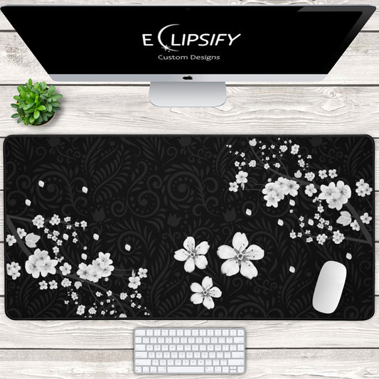 Dark Blossom: Cherry Blossom Black Pattern Gaming Mouse Pad