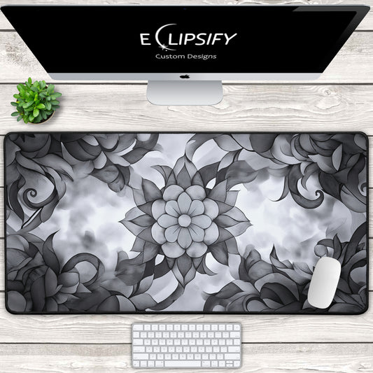 Silent Garden: Black and White Pattern Floral Mouse Pad