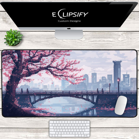 Cherry Blossom Grid: Pixel Art City Mouse Pad