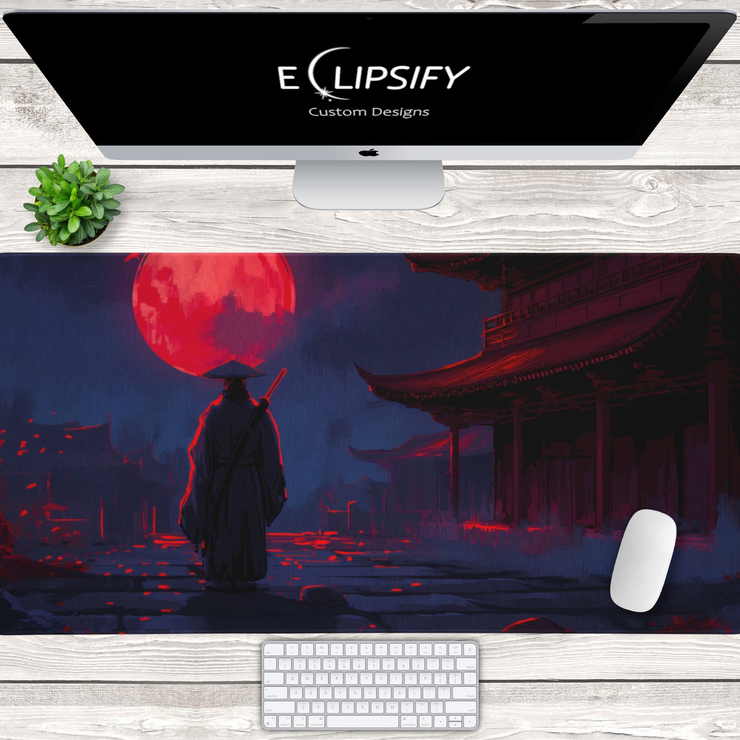 Samurai Moon: Blue Samurai And Red Moon Gaming Mouse Pad