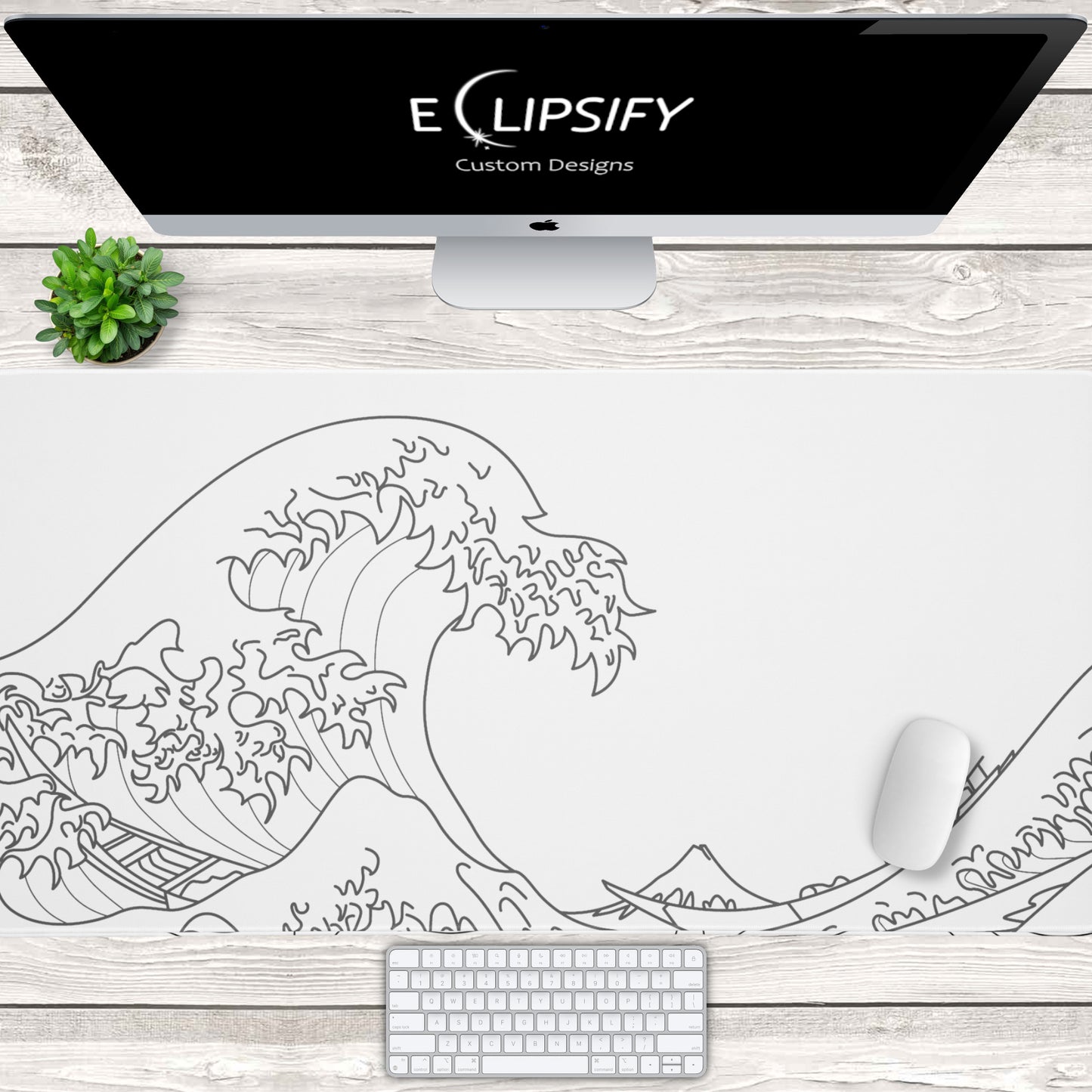 The Great Wave Off Kanagawa White Minimalist Gaming Mouse Pad