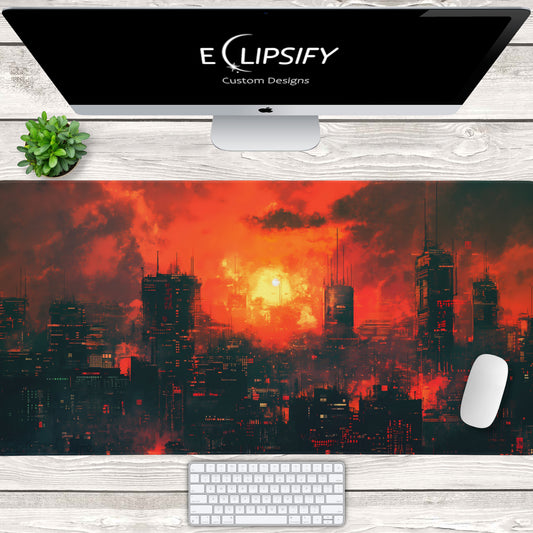 Amber Horizons: Orange Cyberpunk City Minimalist Mouse Pad
