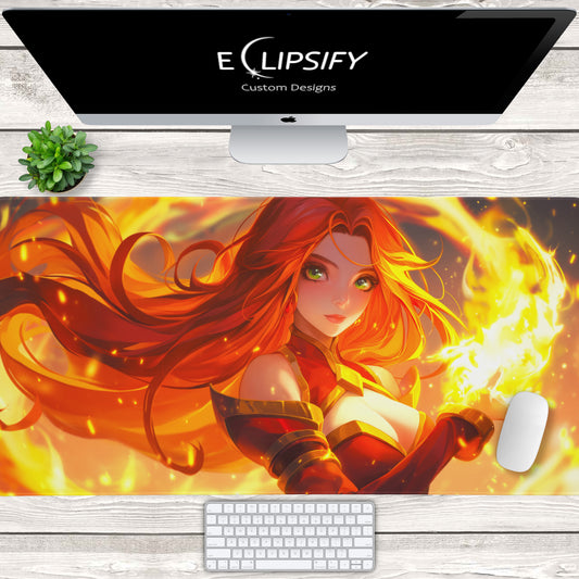 Fiery Elegance: Fire Anime Mage Girl Gaming Mouse Pad