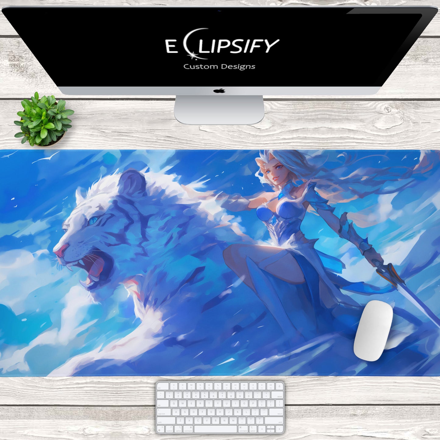 Lunar Huntress: White Tiger Anime Girl Blue Gaming Mouse Pad