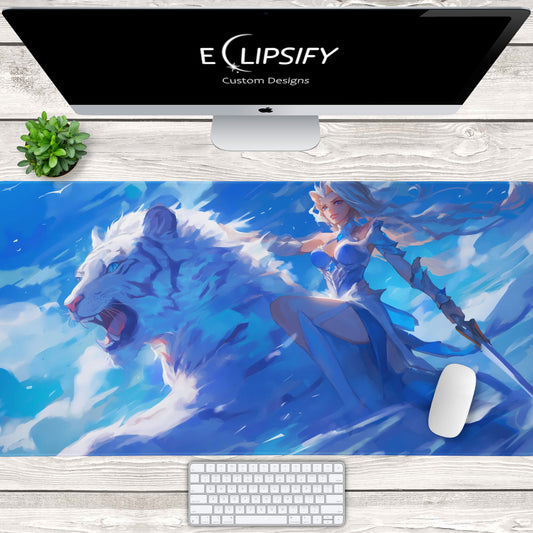 Lunar Huntress: White Tiger Anime Girl Blue Gaming Mouse Pad