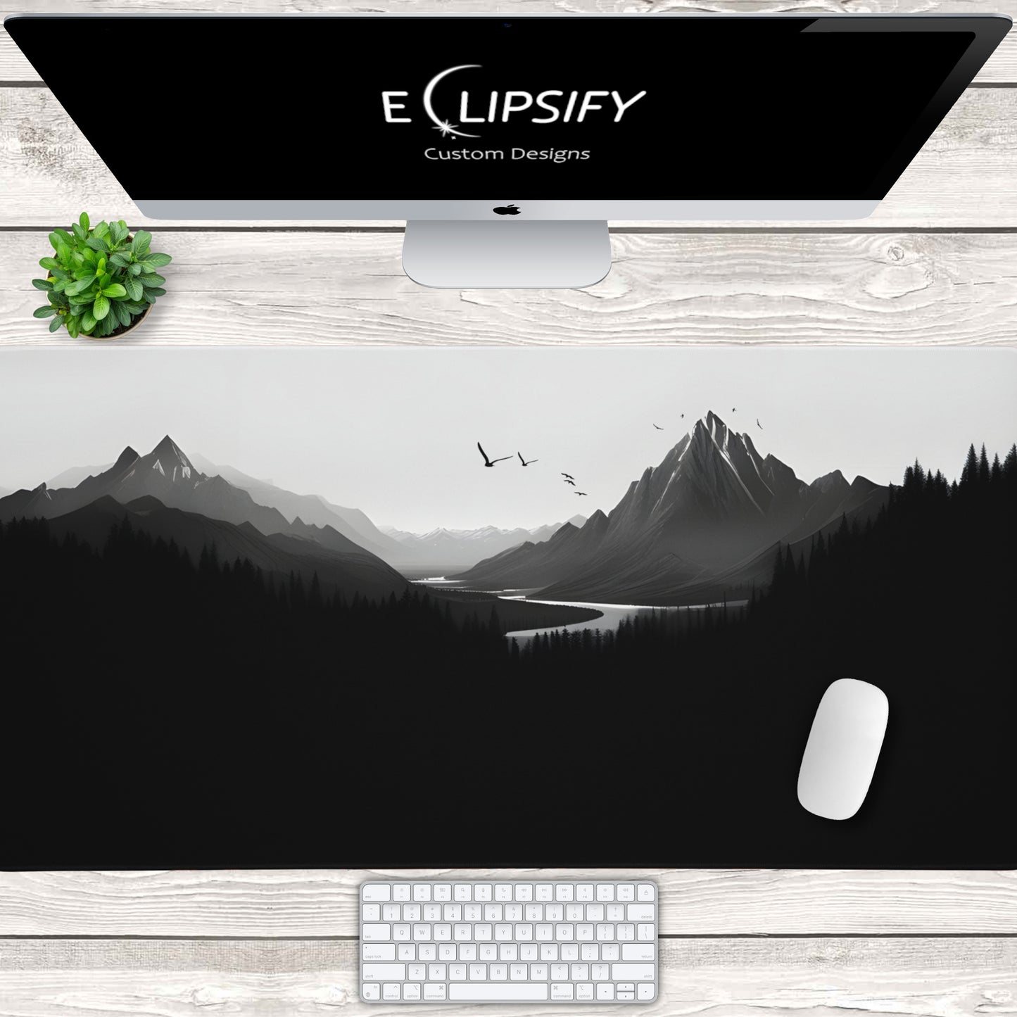 Monochrome Heights: Black Mountain Landscape Minimalist Mouse Pad