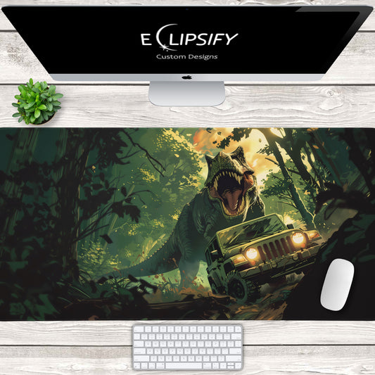 Prehistoric Pursuit: Jurassic Dinosaur Chasing Jeep Green Gaming Mouse Pad
