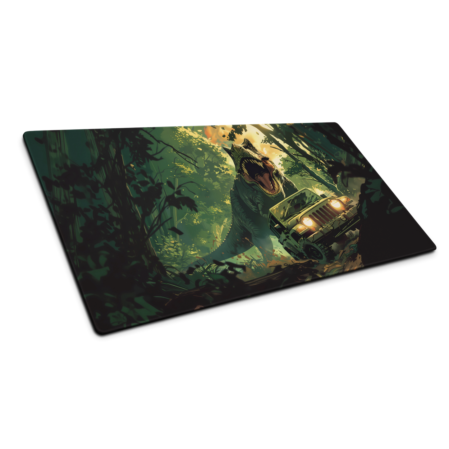 Prehistoric Pursuit: Jurassic Dinosaur Chasing Jeep Green Gaming Mouse Pad