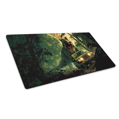 Prehistoric Pursuit: Jurassic Dinosaur Chasing Jeep Green Gaming Mouse Pad