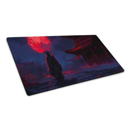 Samurai Moon: Blue Samurai And Red Moon Gaming Mouse Pad