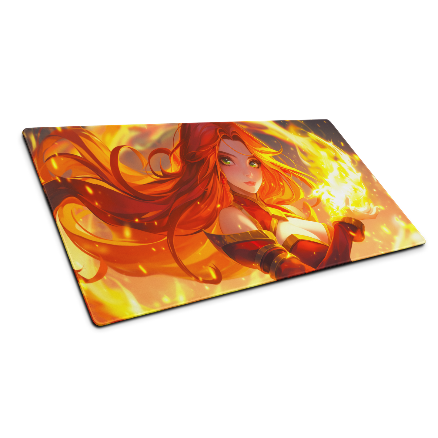 Fiery Elegance: Fire Anime Mage Girl Gaming Mouse Pad